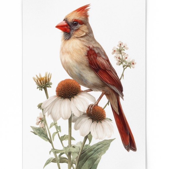 Watercolor Female Cardinal Bird with Flowers Wall Art Print Unframed - Picture 2 of 7